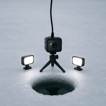 Minimal ice fishing hole with camera rig and cable going down