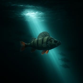 Perch trail illuminated by a soft cyan LED beam under the ice