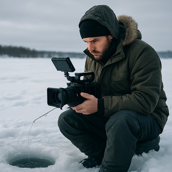 Angler sitting on a low box, rod in hand and camera screen nearby