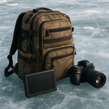 Backpack on snow with laptop, hard drive and neatly coiled cables