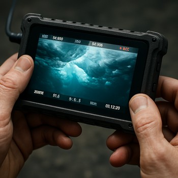 Person leaning over a small monitor inside an ice shelter