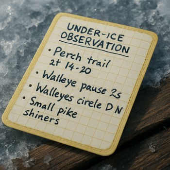 Small waterproof card with handwritten under-ice episode notes