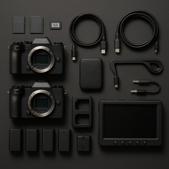 Flatlay of an under-ice filming kit with camera, recorder and neatly coiled cables