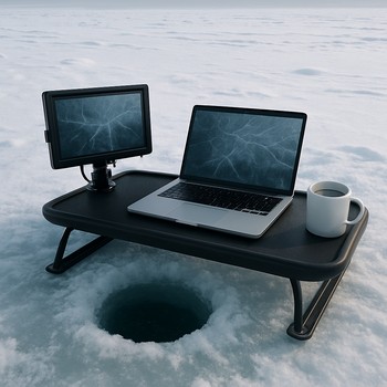 Desk with laptop showing under-ice footage and a notebook beside it