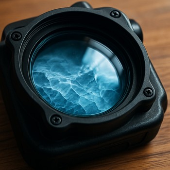 Close view of a desk where a laptop shows under-ice footage and a steaming mug stands nearby