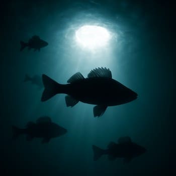 Perch silhouettes sliding through a dim cyan corridor under the ice