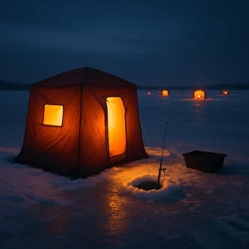 Family ice camp with warm light spilling from a small shelter
