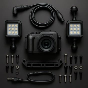 Flatlay of a compact under-ice rig board with camera, battery and LED ring