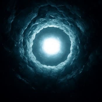 Vertical under-ice shot with a narrow cone of light and dark margins