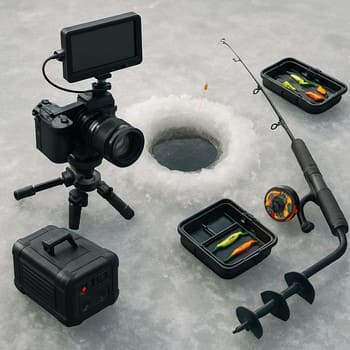 Simple under-ice filming setup with one tripod and camera near a hole