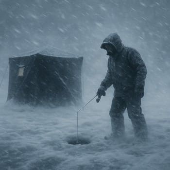 Small shelter in a snowstorm with cables and tripod barely visible