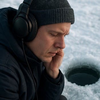 Headphones lying on snow next to a small audio recorder