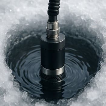 Close view of an ice hole with microphone cable touching the edge