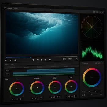 Monitor showing an under-ice scene with color wheels and scopes around it