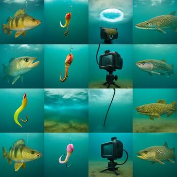 Under-ice scene with a lure and several cautious fish in the beam