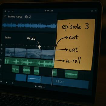 Monitor on the ice with handwritten episode notes beside it