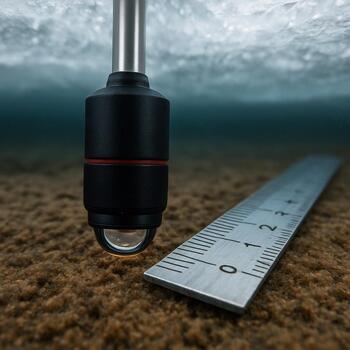 Under-ice frame where a single fish inspects the bottom near the lure