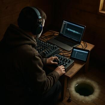 Ice hut interior with camera screen, rod and small recorder on the bench