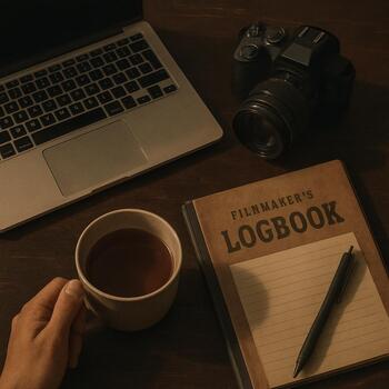 Desk with scattered under-ice episode cards, notebook and a cup