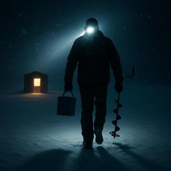 Person walking toward a dimly lit ice hole at night