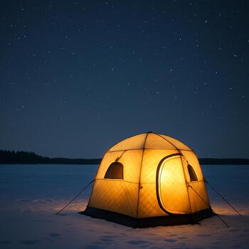 Soft dome of light under the ice with a group of fish in the middle
