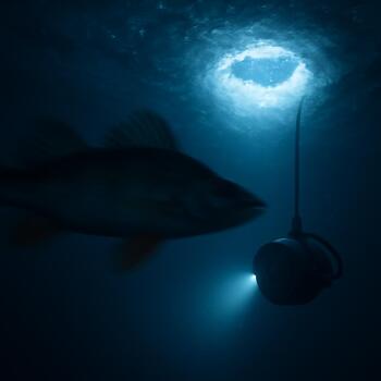 Under-ice frame with a single fish crossing the edge of the light cone
