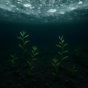 Tangled weed patch lit from the side under the ice