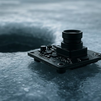 Camera board resting on ice next to an open hole