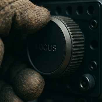 Close-up of a large focus knob adjusted with a gloved hand
