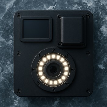 Top view of a compact camera board with screen, battery and LED ring