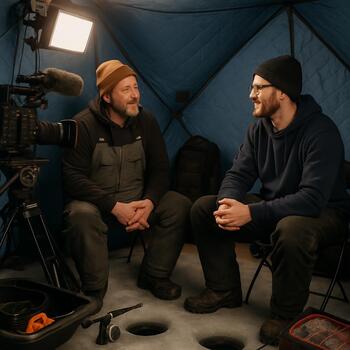 Wide camera board inside a shelter with screen and space for mugs