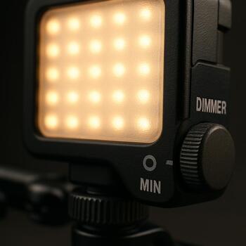 Hand adjusting a small LED dimmer wheel on the rig