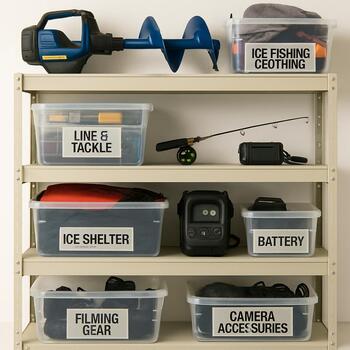 Neatly arranged shelf with the rig board, batteries and camera lined up