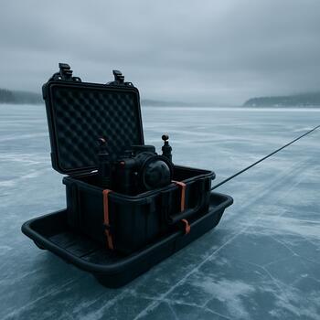 Rig strapped flat on a small sled beside a tackle box
