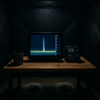 Wide camera board inside an ice shelter with screen and recorder