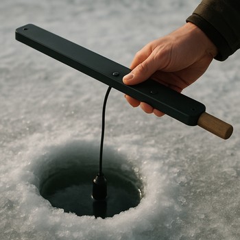 Narrow roaming rig held over an ice hole by one hand