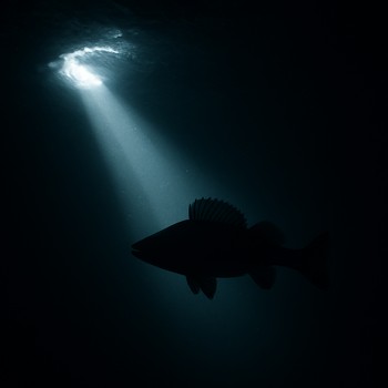 Side beam light entering through the ice and catching fish silhouettes