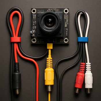Top view of a camera board with neatly routed cables and small tags