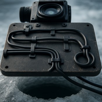 Underside of a board showing cable clips and strain relief loops