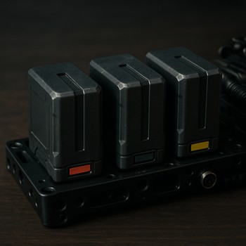 Row of small power packs lined along the rear edge of a board