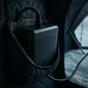 Battery pack tucked into a side pocket of an ice shelter with one cable