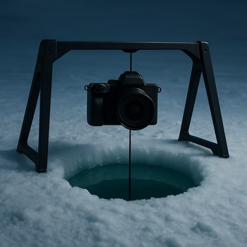 Bridge-style mount spanning the ice hole with the camera hanging in the center