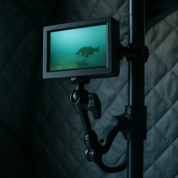 Clamp arm mounted to an ice shelter pole holding a small monitor