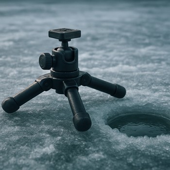 Low-profile tripod with weighted legs positioned beside the hole