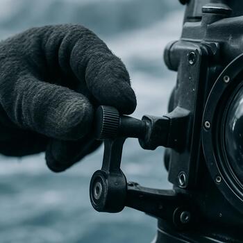 Close-up of a padded side handle held by a gloved hand
