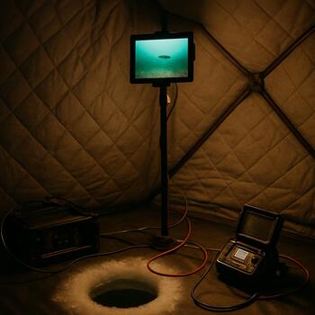 Monitor hanging from a shelter pole at eye level