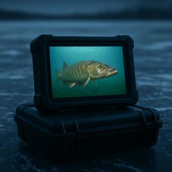 Small monitor resting on a tackle box right beside the ice hole