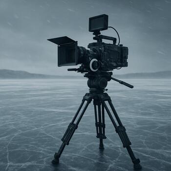 Tripod-based rig standing alone on open snow in the wind